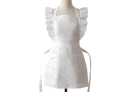 White Eyelet Cotton Apron with Ruffles A Detailed View isolated on transparent background