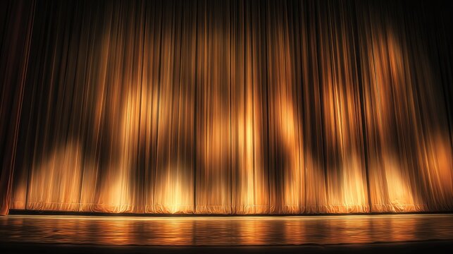 Theater curtain caught mid-movement with a soft glow from footlights