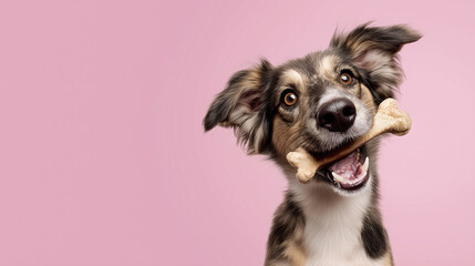 happy dog holding bone in mouth with playful expression on pink background shows joyful and lively pet moment