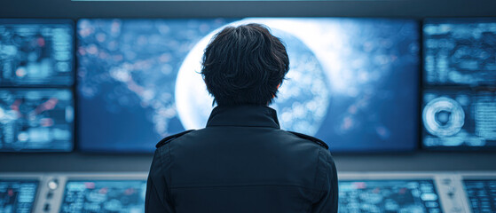 A person monitors multiple digital screens displaying complex data and a globe, indicating cybersecurity or data analysis operations in a high-tech control room.