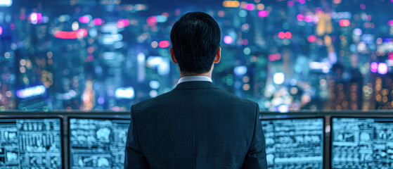 A man in a suit monitors multiple digital screens with data and graphs, overlooking a cityscape filled with vibrant nighttime lights.