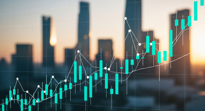 Financial graph overlaid on a blurred cityscape background, symbolizing market trends and urban development, suitable for business or finance concepts
