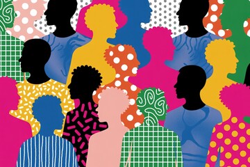 Colorful abstract human silhouettes with graphic patterns, modern diversity community concept art.