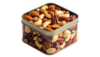 A Gourmet spiced nuts, including almonds, cashews, pecans, and other varieties, are presented in a decorative tin with a transparent background, emphasizing the richness.