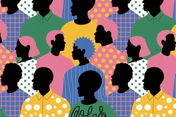 Colorful abstract human silhouettes with graphic patterns, modern diversity community concept art.