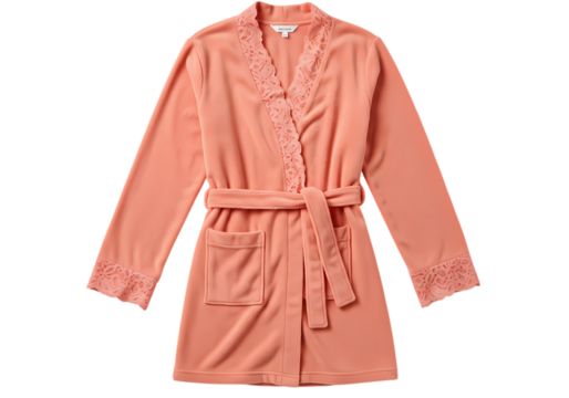 CoralColored Velour Bathrobe with Lace Detailing and SelfTie Belt isolated on transparent background