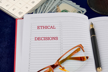 A conceptual phrase on the topic of ETHICAL DECISIONS business. AI ethics or AI Law concept.