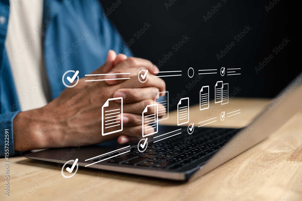 Fototapete Digital document checklist for approval and task workflow management. Organized process with visual data tracking and automation, perfect for project planning, productivity, and business control.