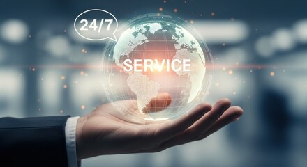 Hand Holding Holographic Globe with Service Text and 24/7 Icon in Futuristic Blurred Background