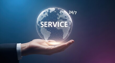 Hand Holding Digital Globe With Service Text Over Blue Background Illustrating Global Technology and Support Availability