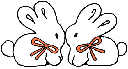 서로 마주 보는 리본 토끼 캐릭터 일러스트 © titi.drawing