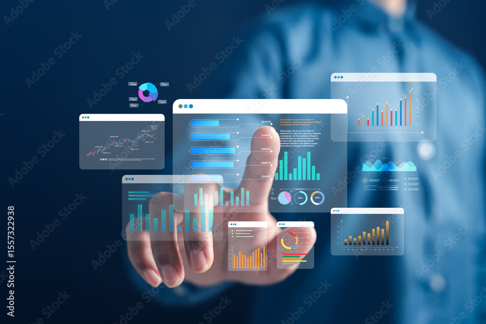 Aufkleber Investment data analysis with interactive financial dashboards and charts for performance insights, planning, and ROI tracking. Ideal for fintech platforms, economic review, and digital forecasting.