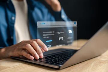 Online shopping and secure digital payment. Man making a transaction on an ecommerce platform via...