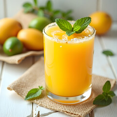 Mango juice with mint and lime garnish