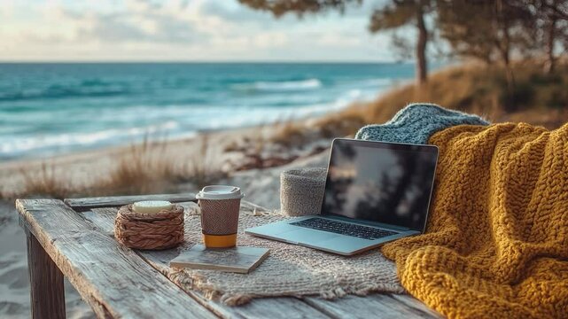 Seaside Workspace: A laptop and coffee sit on a wooden table, inviting a moment of productivity and serenity in the heart of nature with views of the sea.