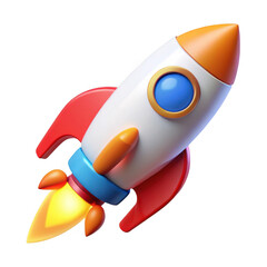 Cartoon rocket ship launching with flames isolated on transparent background