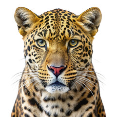 Obraz premium Close up portrait of a majestic leopard with striking eyes and spotted fur isolated on transparent background