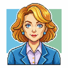 Pixel Art Woman in Business Attire with Blonde Hair and Blue Eyes, Smiling Confidently