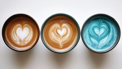 Three cups of latte one with brown coffee, two with blue milk, artistic color contrast
