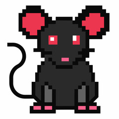 Obraz premium Pixel Art Black Mouse Illustration with Red Ears and Eyes Retro Gaming Style