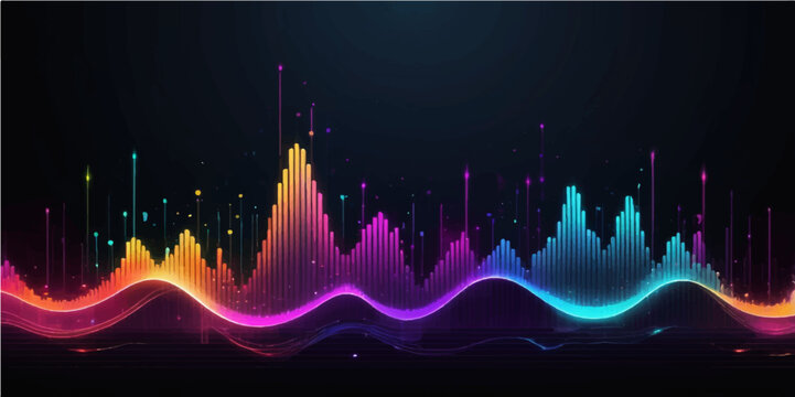 Abstract colorful background with sound waves, music equalizer lines, and digital light illustrations for a futuristic audio technology design