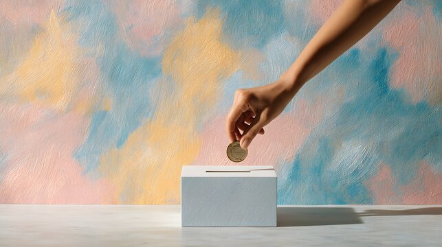 Hand Dropping Coin into White Donation Box Against Colorful Background