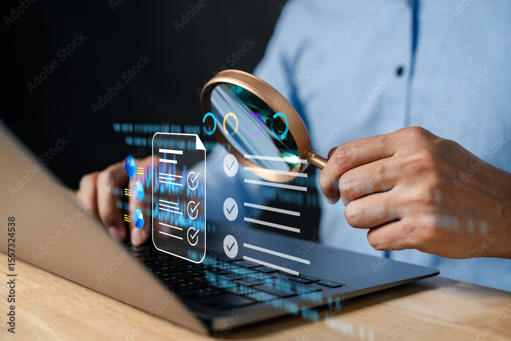 Leinwandbilder Digital data analysis and form checklist. Businessman using magnifying glass on document, analyzing reports, reviewing performance, and verifying online tasks with technology.