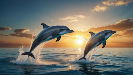 dolphins jumping at sunset