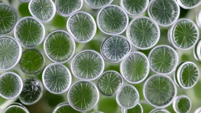 Abstract close-up of water droplets with green plant reflection forming circles, creating a pattern with visible surface tension and refractive index.