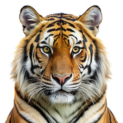 Fototapeta premium Close up portrait of a majestic bengal tiger with piercing yellow eyes and distinctive black stripes isolated on transparent background