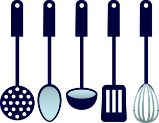 Kitchen utensils set. Black plastic Kitchenware isolated on white background. Vector kitchen utensils design elements for web, culinary infographic, brochure, restaurant presentation.
