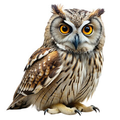 Naklejka premium Detailed close up of a long eared owl with striking orange eyes and intricate feather patterns isolated on transparent background