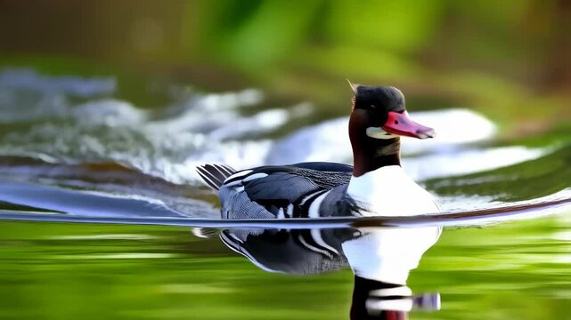 Male red-breasted merganser swimming in lake water with reflection and colorful plumage in its natural green environment during the daytime