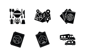 Travel and adventure collection set featuring camping, navigation, and international travel icons