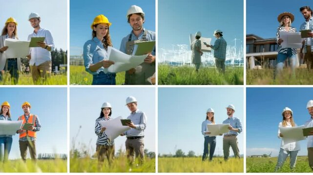 Zeitraffer-Collage: Architektenpaar mit Bauzeichnung und Tablet auf der Wiese bei der Projektbesprechung. K&uuml;nstliche Intelligenz KI