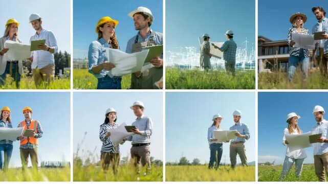 Zeitraffer-Collage: Architektenpaar mit Bauzeichnung und Tablet auf der Wiese bei der Projektbesprechung. K&uuml;nstliche Intelligenz KI