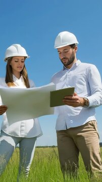 Teamarbeit auf der Baustelle: Architektin mit Bauplan und Architekt mit Tablet auf einer gr&uuml;nen Wiese. K&uuml;nstliche Intelligenz KI