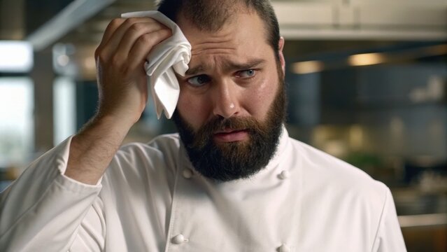 A stressed chef wipes sweat from his forehead, expressing concern in a modern kitchen setting.