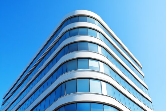 Futuristic curved glass office building with sleek white facade reflecting blue sky, modern corporate architecture and innovative urban design