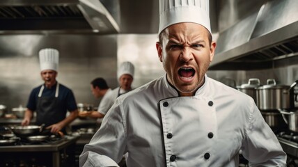 A chef yells in a bustling kitchen while other cooks work around him, showcasing a dynamic and intense culinary environment.