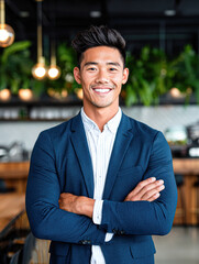 A confident young man in a blue suit stands with arms crossed, smiling in a modern indoor setting with plants and warm lighting in the background.