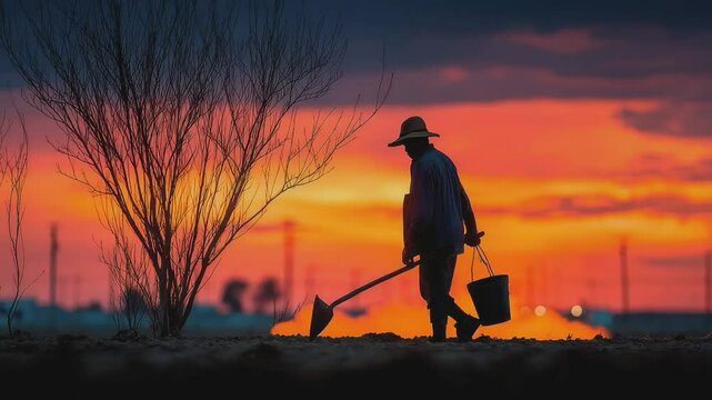 Rural Laborer's Evening Ritual: A silhouette of a field worker diligently tends to the land under a breathtaking sunset, embodying the dignity of labor and the beauty of the rural life.