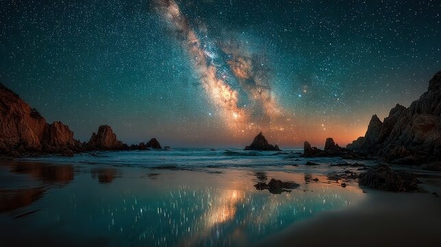 Night sky Milky Way reflects on a sandy beach, rocky coast - Powered by Adobe