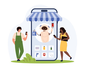 Online smart service with AI assistant, pharmacy mobile app. Tiny people choose category of medical equipment and pills for purchase with robot support on smartphone screen cartoon vector illustration