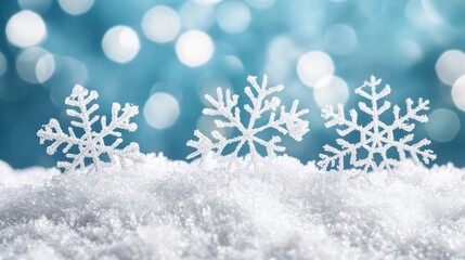 Three delicate snowflakes rest atop a snowy surface against a blurred teal background with bokeh.