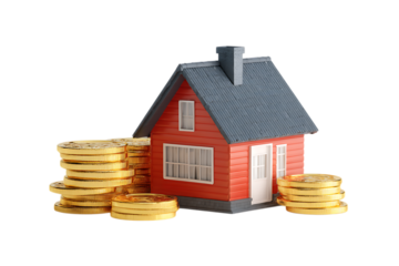 Red house model with stacks of gold coins. Real estate, investment, finance concept.