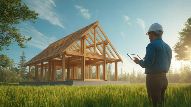 Architekten-Team auf l&auml;ndlicher Baustelle mit Holzrahmenhaus. K&uuml;nstliche Intelligenz KI
