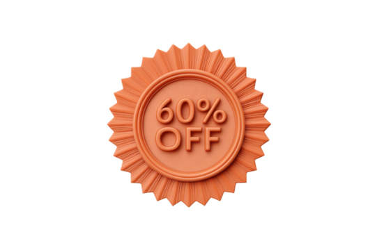 Orange 60 Percent Off Badge With A Starburst Edge On A Transparent Background 3D Rendered Sale Symbol