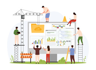 New website construction, creation process. Tiny people build friendly user interface of homepage on computer screen with crane, create web page with software online cartoon vector illustration