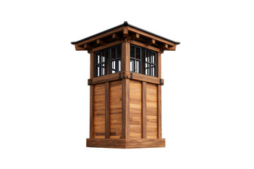 Wooden watchtower with small barred windows under a gabled roof rendered 3D isolate